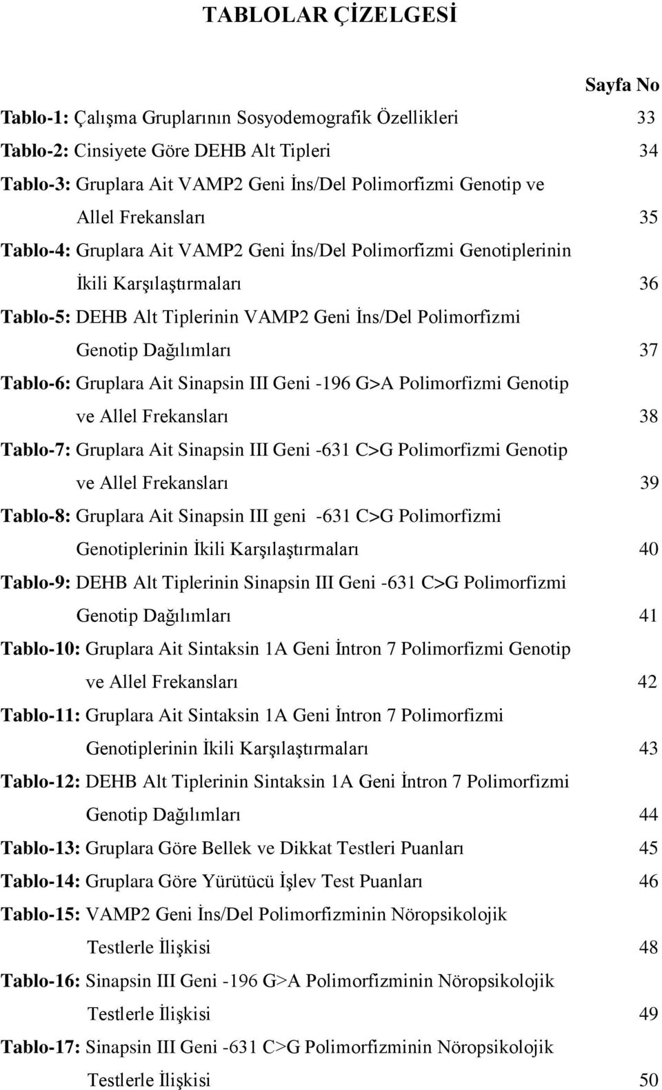 37 Tablo-6: Gruplara Ait Sinapsin III Geni -196 G>A Polimorfizmi Genotip ve Allel Frekansları 38 Tablo-7: Gruplara Ait Sinapsin III Geni -631 C>G Polimorfizmi Genotip ve Allel Frekansları 39 Tablo-8: