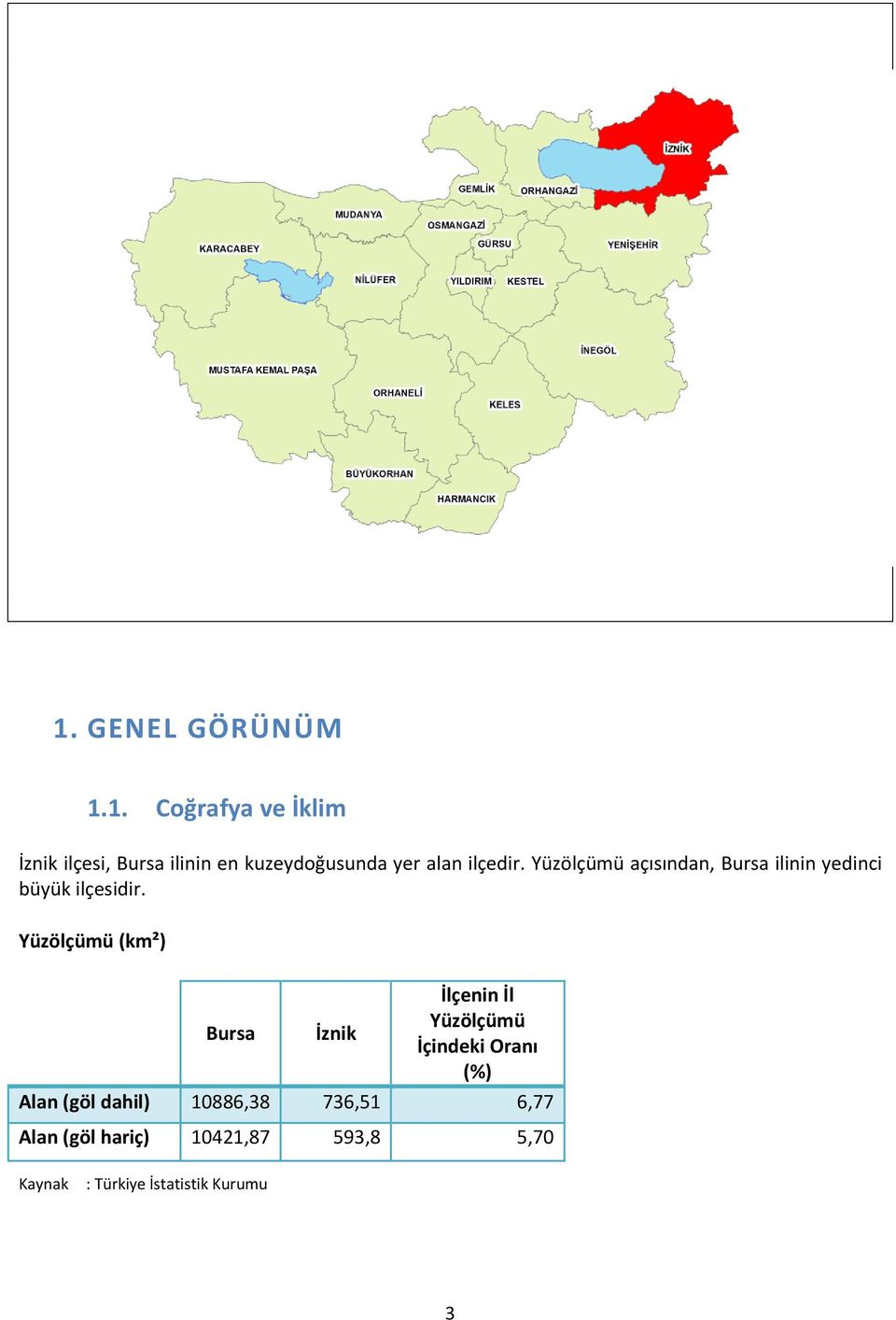 Yüzölçümü (km²) Bursa İznik İlçenin İl Yüzölçümü İçindeki Oranı (%) Alan (göl