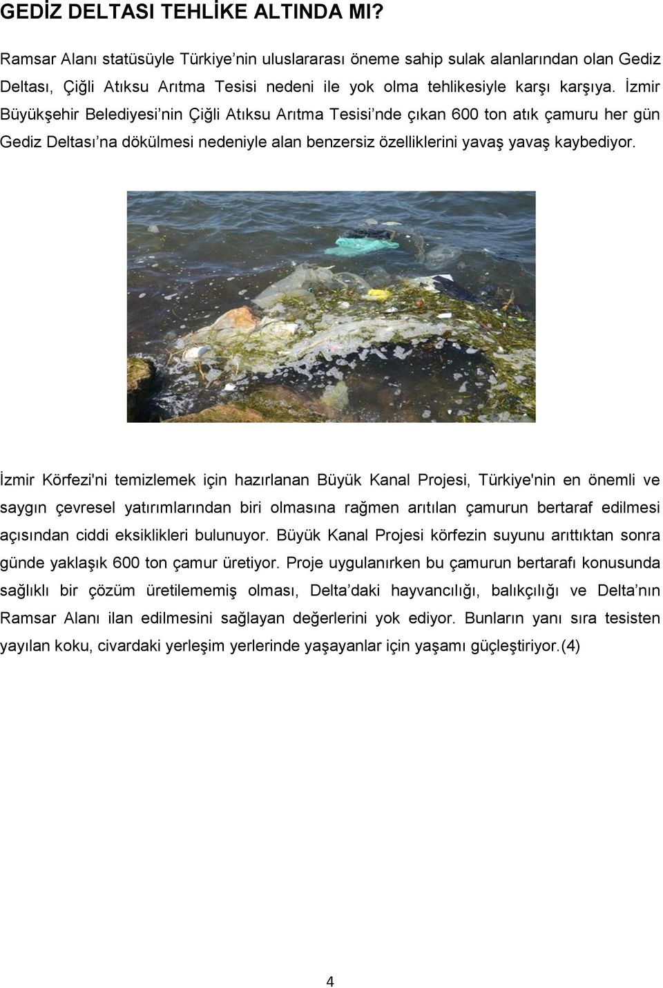 İzmir Büyükşehir Belediyesi nin Çiğli Atıksu Arıtma Tesisi nde çıkan 600 ton atık çamuru her gün Gediz Deltası na dökülmesi nedeniyle alan benzersiz özelliklerini yavaş yavaş kaybediyor.