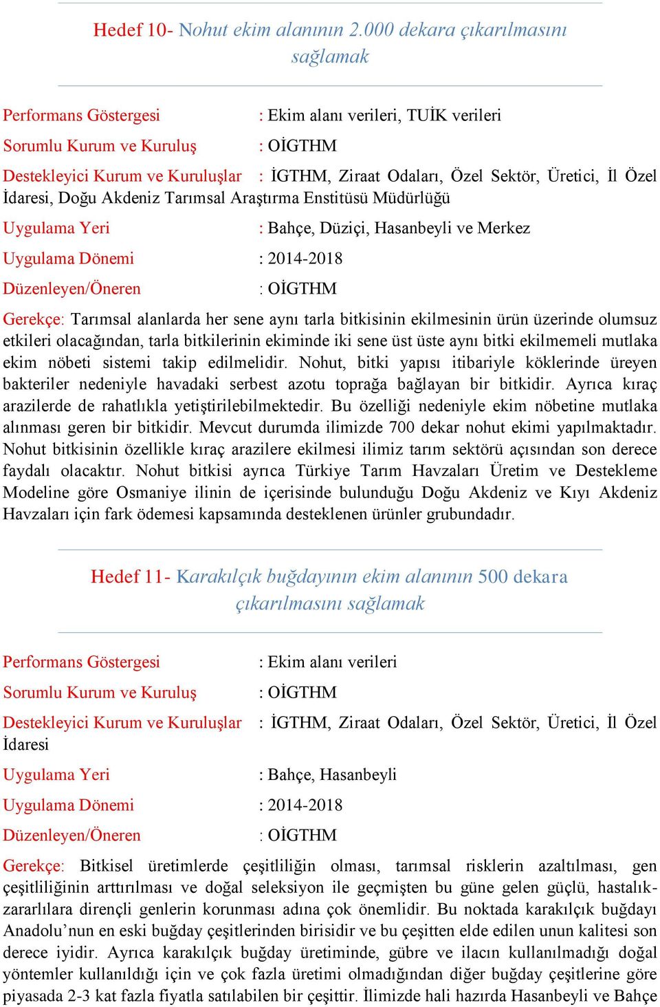 Enstitüsü Müdürlüğü : Bahçe, Düziçi, Hasanbeyli ve Merkez Gerekçe: Tarımsal alanlarda her sene aynı tarla bitkisinin ekilmesinin ürün üzerinde olumsuz etkileri olacağından, tarla bitkilerinin