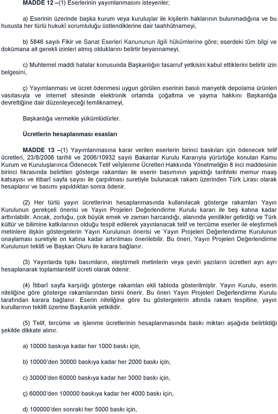 maddi hatalar konusunda Başkanlığın tasarruf yetkisini kabul ettiklerini belirtir izin belgesini, ç) Yayımlanması ve ücret ödenmesi uygun görülen eserinin basılı manyetik depolama ürünleri