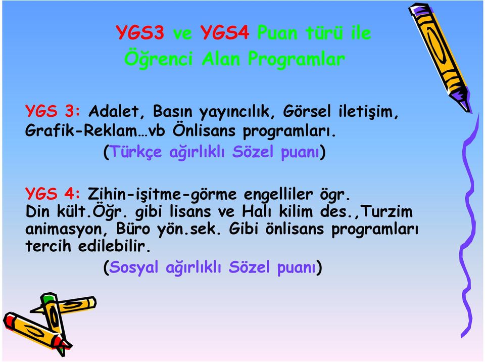 (Türkçe ağırlıklı Sözel puanı) YGS 4: Zihin-işitme-görme engelliler ögr. Din kült.öğr.