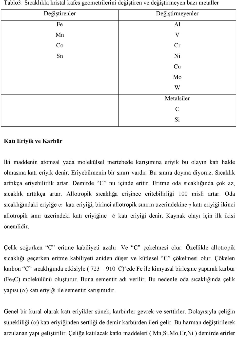 Sıcaklık arttıkça eriyebilirlik artar. Demirde C nu içinde eritir. Eritme oda sıcaklığında çok az, sıcaklık arttıkça artar. Allotropik sıcaklığa eriģince eritebilirliği 100 misli artar.