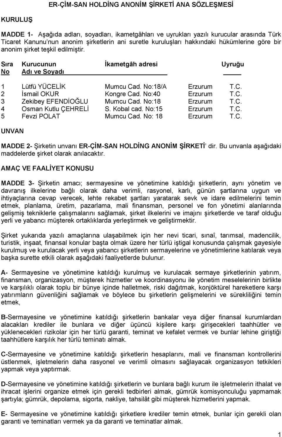 No:40 Erzurum T.C. 3 Zekibey EFENDİOĞLU Mumcu Cad. No:18 Erzurum T.C. 4 Osman Kutlu ÇEHRELİ S. Kobal cad. No:15 Erzurum T.C. 5 Fevzi POLAT Mumcu Cad. No: 18 Erzurum T.C. UNVAN MADDE 2- Şirketin unvanı ER-ÇİM-SAN HOLDİNG ANONİM ŞİRKETİ dir.