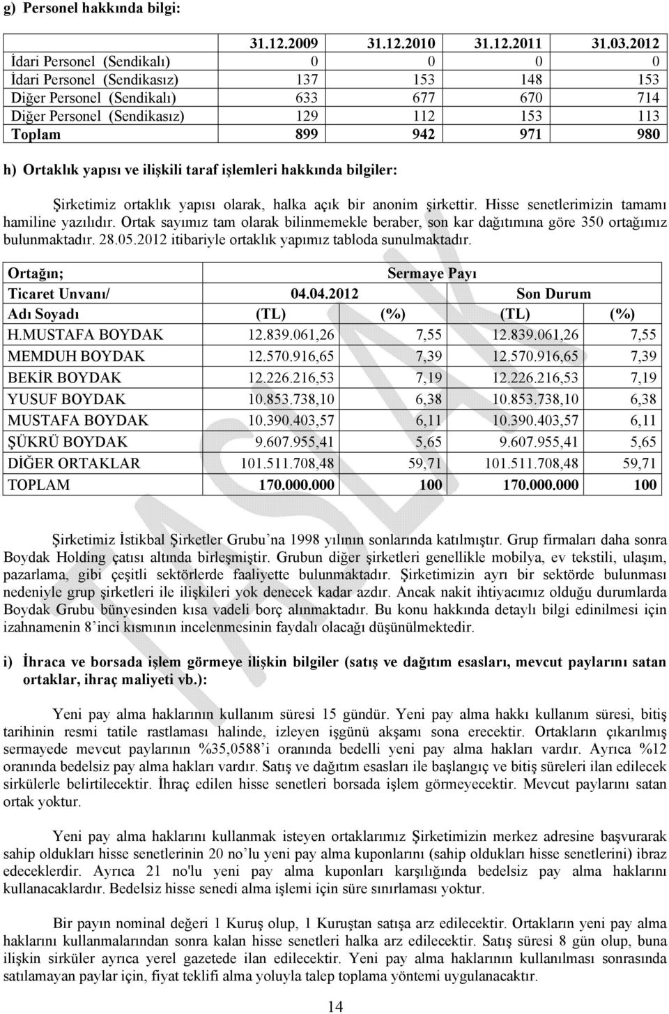 Ortaklık yapısı ve ilişkili taraf işlemleri hakkında bilgiler: Şirketimiz ortaklık yapısı olarak, halka açık bir anonim şirkettir. Hisse senetlerimizin tamamı hamiline yazılıdır.