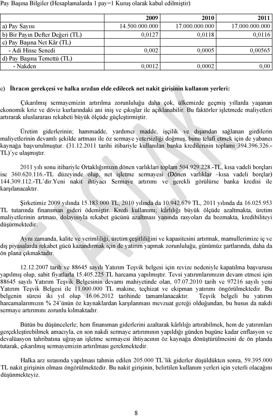 0,0002 0,00 e) İhracın gerekçesi ve halka arzdan elde edilecek net nakit girişinin kullanım yerleri: Çıkarılmış sermayemizin artırılma zorunluluğu daha çok, ülkemizde geçmiş yıllarda yaşanan ekonomik