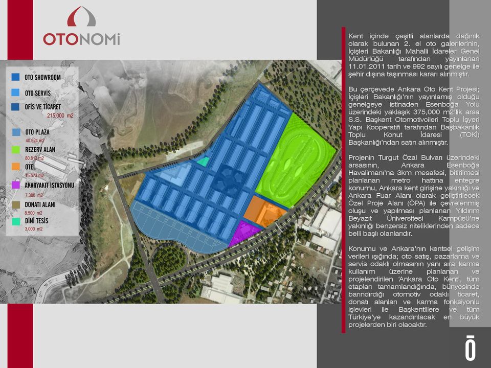 Bu çerçevede Ankara Oto Kent Projesi; İçişleri Bakanlığı nın yayınlamış olduğu genelgeye istinaden Esenboğa Yolu üzerindeki yaklaşık 375,000 m2 lik arsa S.