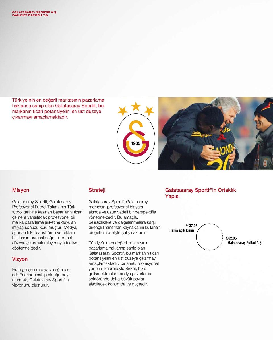 Misyon Galatasaray Sportif, Galatasaray Profesyonel Futbol Takımı nın Türk futbol tarihine kazınan başarılarını ticari gelirlere yansıtacak profesyonel bir marka pazarlama şirketine duyulan ihtiyaç