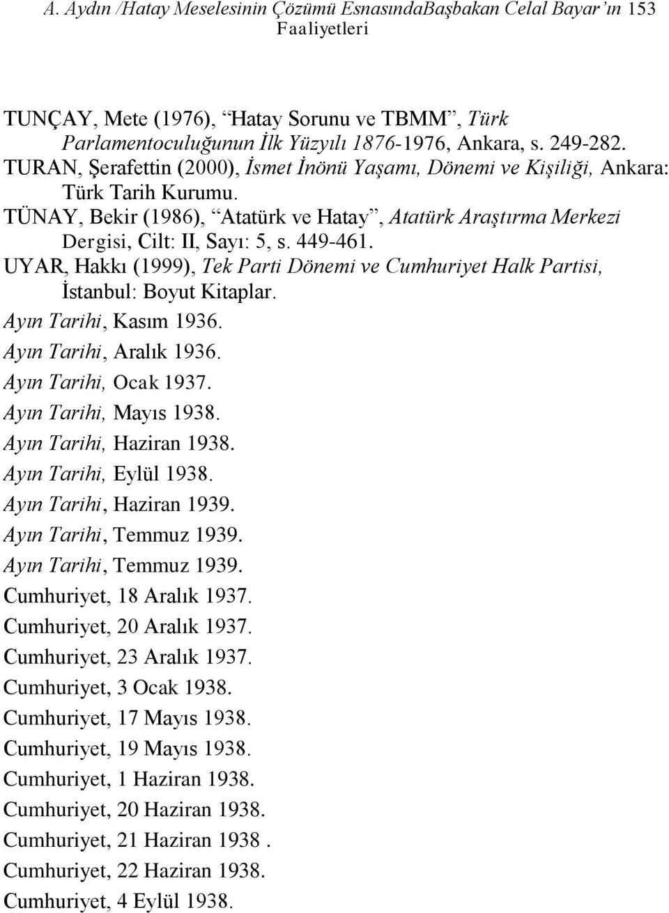 UYAR, Hakkı (1999), Tek Parti Dönemi ve Cumhuriyet Halk Partisi, İstanbul: Boyut Kitaplar. Ayın Tarihi, Kasım 1936. Ayın Tarihi, Aralık 1936. Ayın Tarihi, Ocak 1937. Ayın Tarihi, Mayıs 1938.