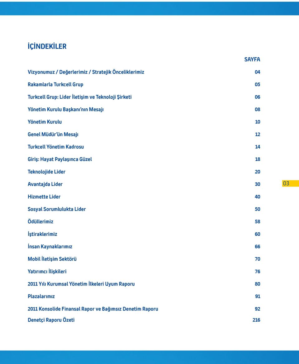 20 Avantajda Lider 30 03 Hizmette Lider 40 Sosyal Sorumlulukta Lider 50 Ödüllerimiz 58 İştiraklerimiz 60 İnsan Kaynaklarımız 66 Mobil İletişim Sektörü 70