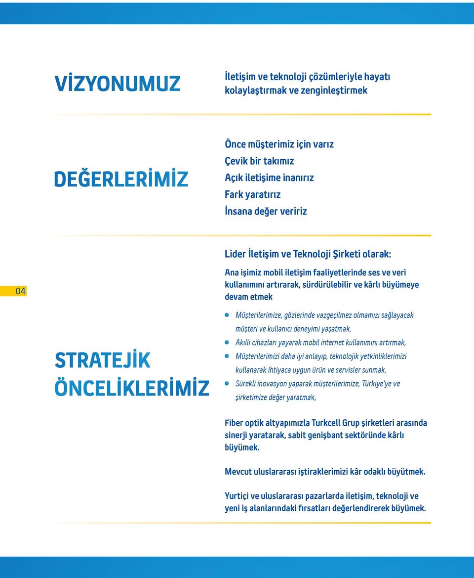 gözlerinde vazgeçilmez olmamızı sağlayacak müşteri ve kullanıcı deneyimi yaşatmak, Akıllı cihazları yayarak mobil internet kullanımını artırmak, Müşterilerimizi daha iyi anlayıp, teknolojik