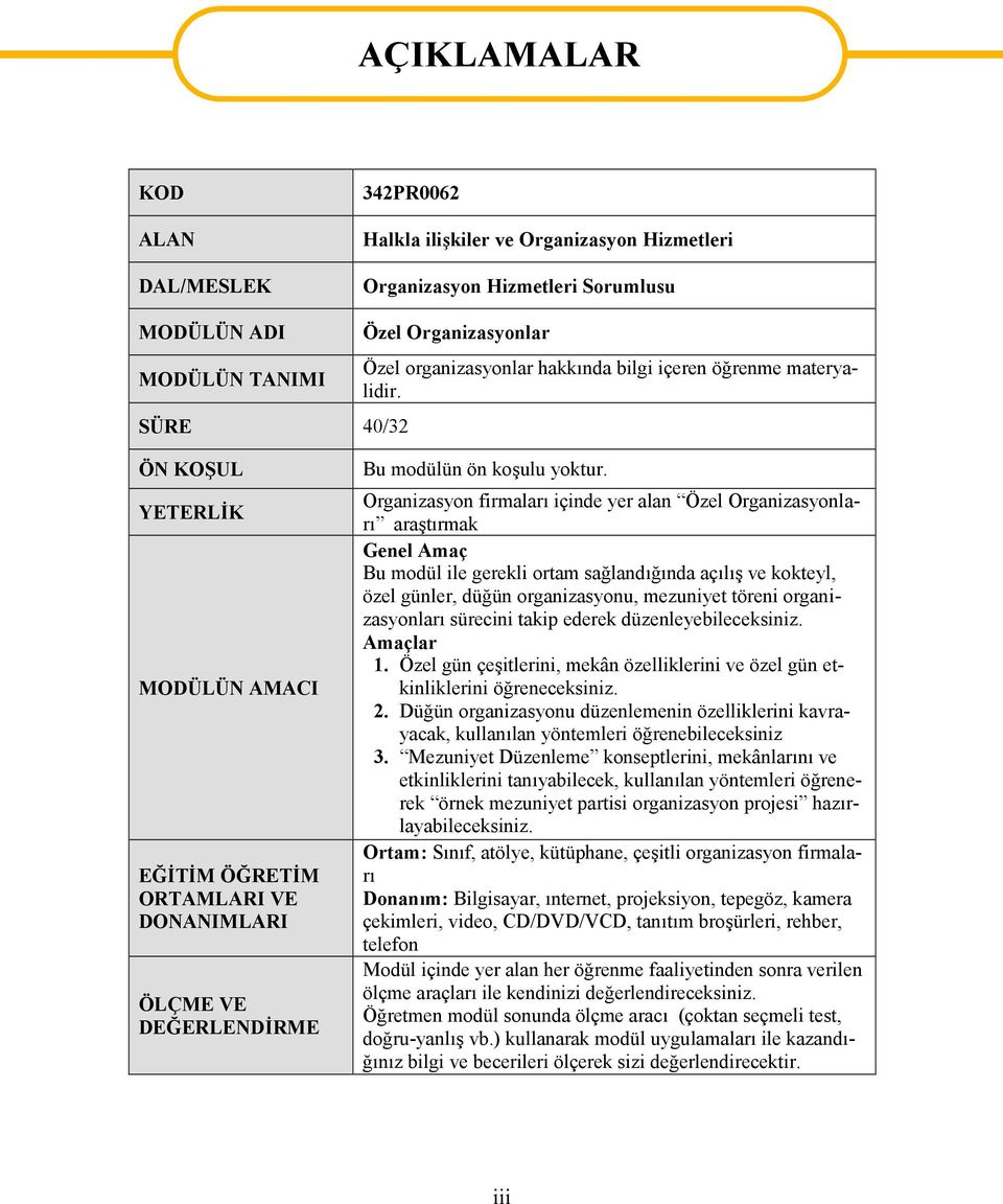 Organizasyn firmaları içinde yer alan Özel Organizasynları araştırmak Genel Amaç Bu mdül ile gerekli rtam sağlandığında açılış ve kkteyl, özel günler, düğün rganizasynu, mezuniyet töreni