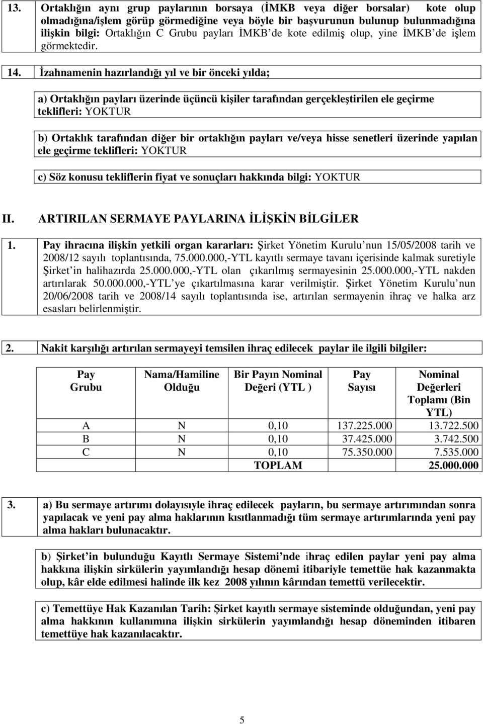 zahnamenin hazırlandıı yıl ve bir önceki yılda; a) Ortaklıın payları üzerinde üçüncü kiiler tarafından gerçekletirilen ele geçirme teklifleri: YOKTUR b) Ortaklık tarafından dier bir ortaklıın payları