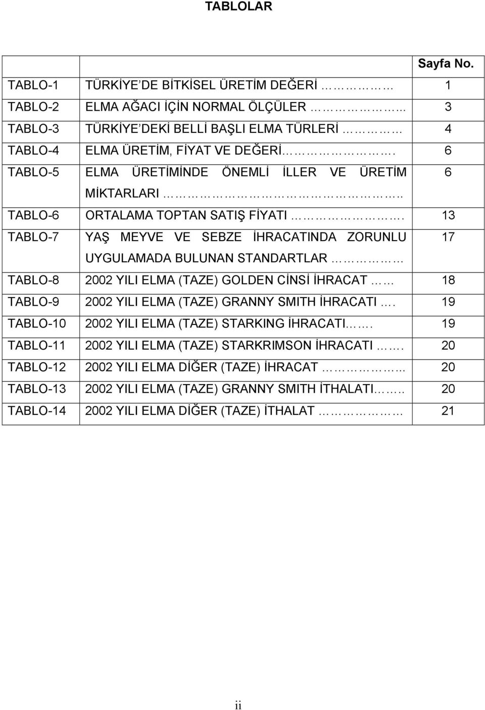 13 TABLO-7 YAŞ MEYVE VE SEBZE İHRACATINDA ZORUNLU 17 UYGULAMADA BULUNAN STANDARTLAR TABLO-8 2002 YILI ELMA (TAZE) GOLDEN CİNSİ İHRACAT 18 TABLO-9 2002 YILI ELMA (TAZE) GRANNY SMITH İHRACATI.