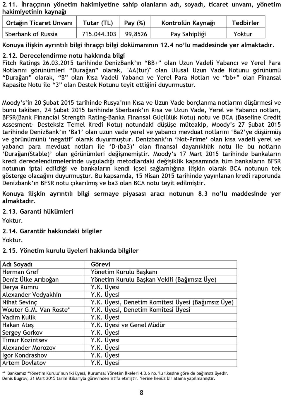 99,8526 Pay Sahipliği Yoktur Konuya ilişkin ayrıntılı bilgi ihraççı bilgi dokümanının 12.4 no lu maddesinde yer 2.12. Derecelendirme notu hakkında bilgi Fitch Ratings 26.03.