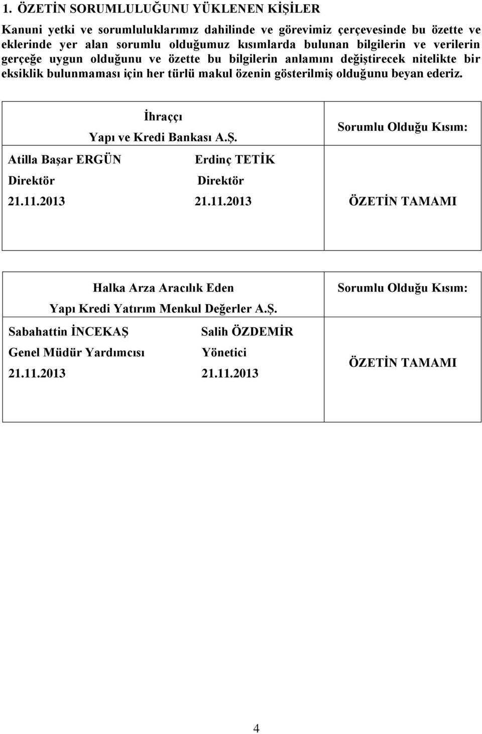 olduğunu beyan ederiz. İhraççı Yapı ve Kredi Bankası A.Ş. Sorumlu Olduğu Kısım: Atilla Başar ERGÜN Erdinç TETİK Direktör Direktör 21.11.