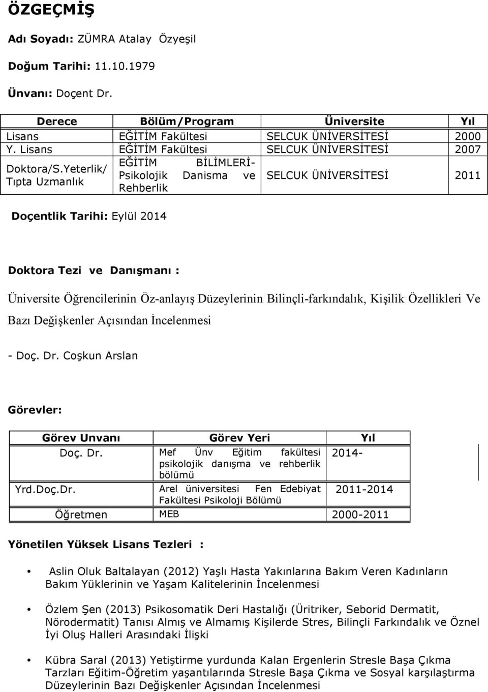 Yeterlik/ Psikolojik Danisma ve Tıpta Uzmanlık Rehberlik SELCUK ÜNİVERSİTESİ 2011 Doçentlik Tarihi: Eylül 2014 Doktora Tezi ve Danışmanı : Üniversite Öğrencilerinin Öz-anlayış Düzeylerinin