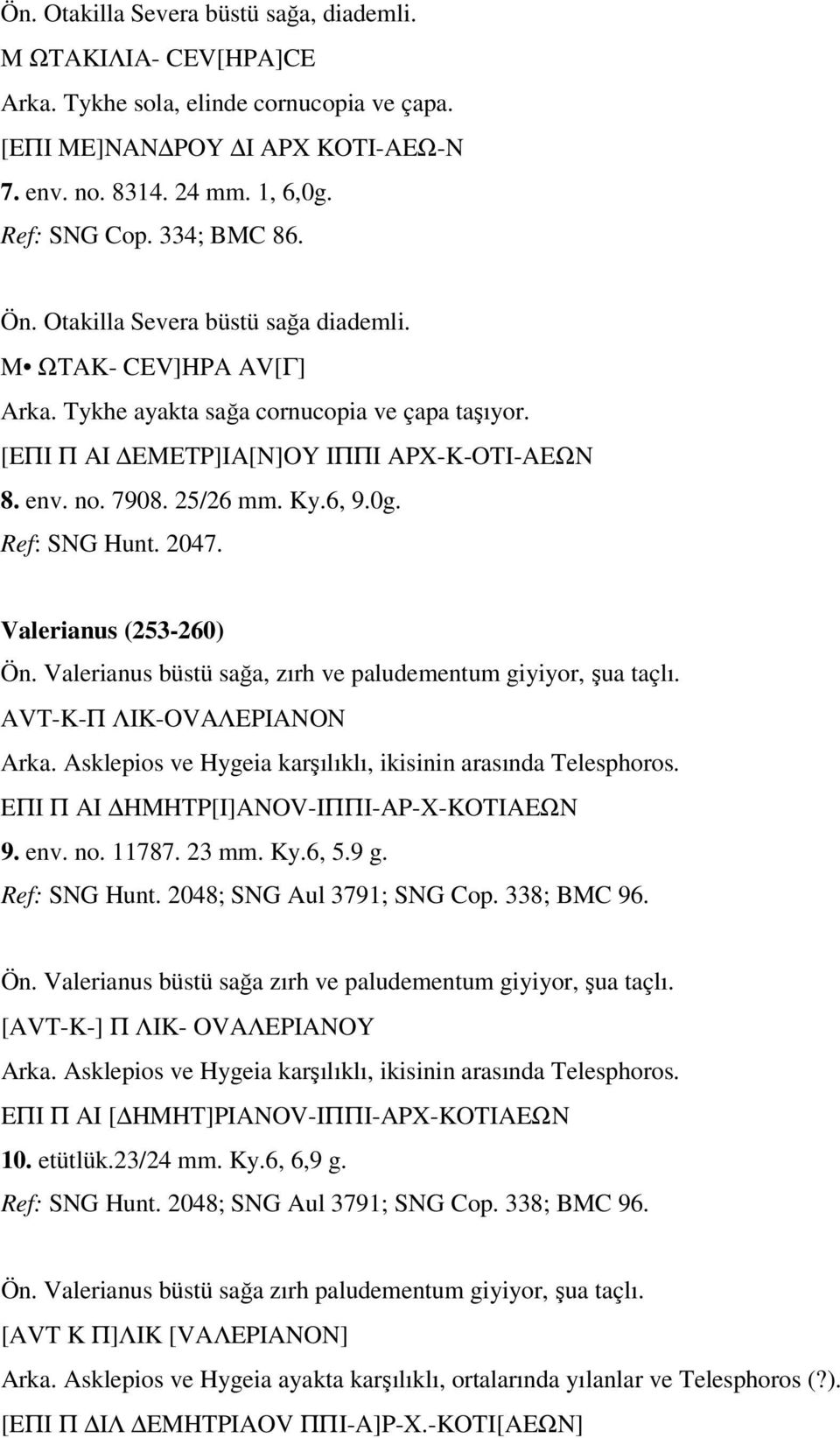 Ky.6, 9.0g. Ref: SNG Hunt. 2047. Valerianus (253-260) Ön. Valerianus büstü sağa, zırh ve paludementum giyiyor, şua taçlı. AVT-K-Π ΛIK-OVAΛEPIANON Arka.