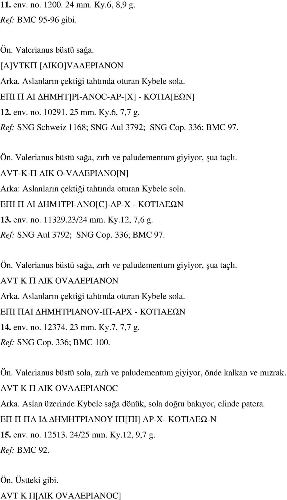 Valerianus büstü sağa, zırh ve paludementum giyiyor, şua taçlı. AVT-K-Π ΛIK O-VAΛEPIANO[N] Arka: Aslanların çektiği tahtında oturan Kybele sola. EΠI Π AI HmTPI-ANO[C]-AP-X - KOTIAEΩN 13. env. no.