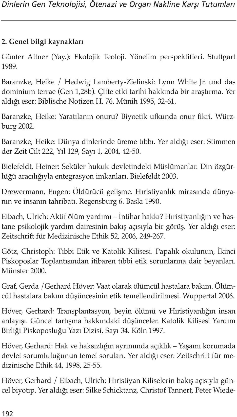 Baranzke, Heike: Yaratılanın onuru? Biyoetik ufkunda onur fikri. Würzburg 2002. Baranzke, Heike: Dünya dinlerinde üreme tıbbı. Yer aldığı eser: Stimmen der Zeit Cilt 222, Yıl 129, Sayı 1, 2004, 42-50.