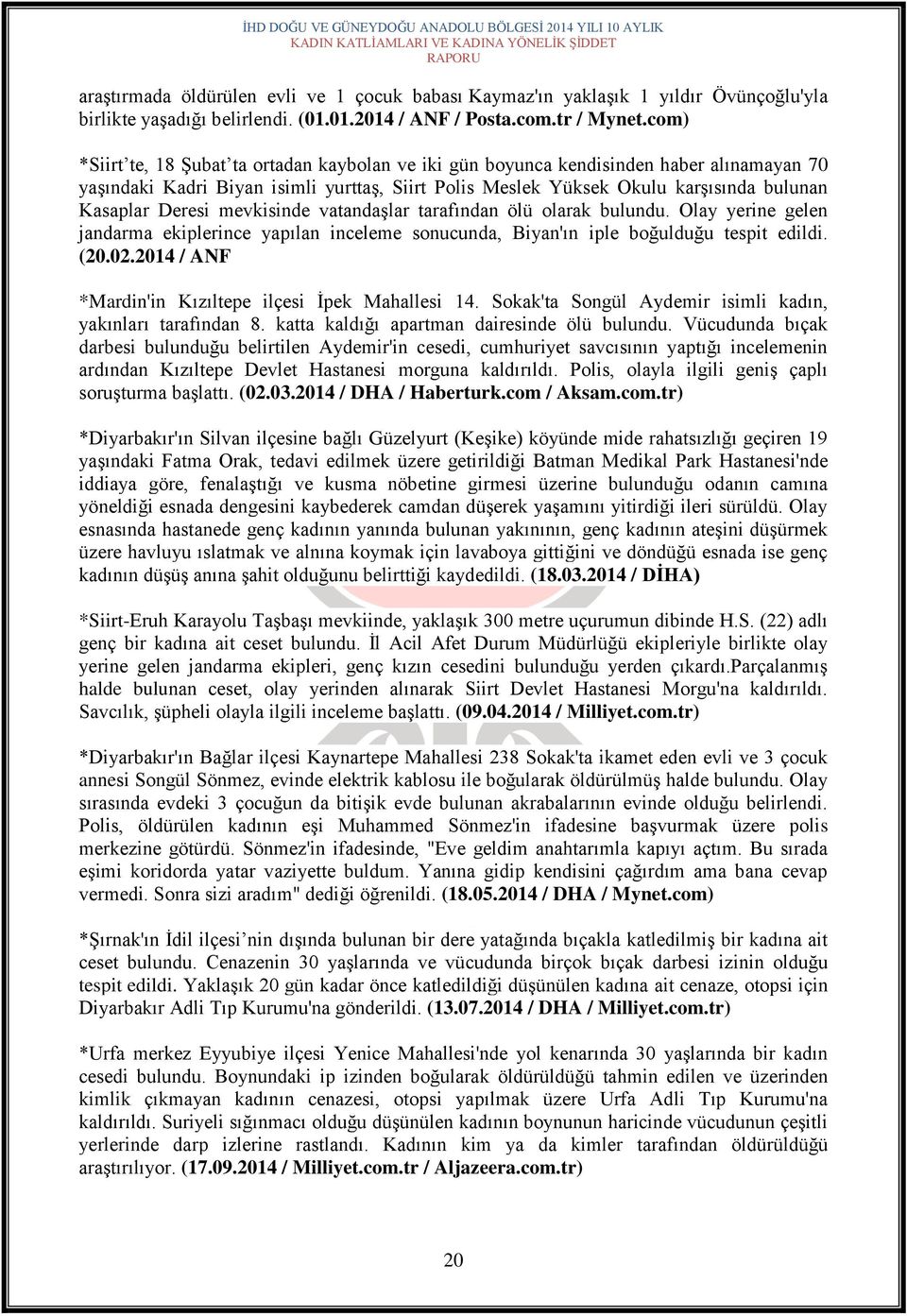 Deresi mevkisinde vatandaģlar tarafından ölü olarak bulundu. Olay yerine gelen jandarma ekiplerince yapılan inceleme sonucunda, Biyan'ın iple boğulduğu tespit edildi. (20.02.