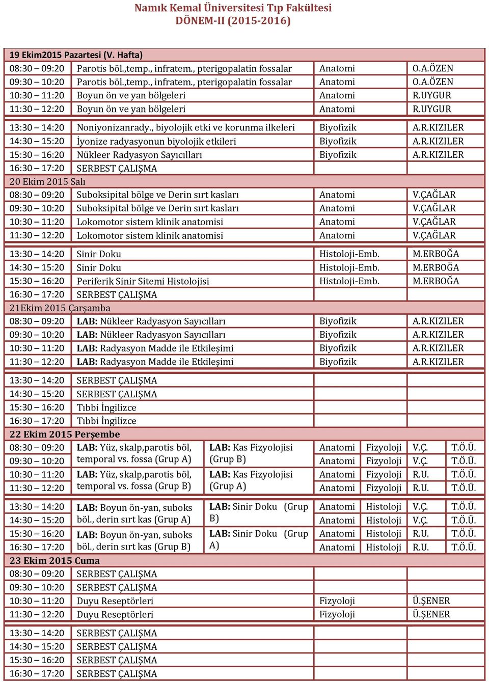 R.KIZILER 15:30 16:20 Nükleer Radyasyon Sayıcılları Biyofizik A.R.KIZILER 20 Ekim 2015 Salı 08:30 09:20 Suboksipital bölge ve Derin sırt kasları Anatomi V.