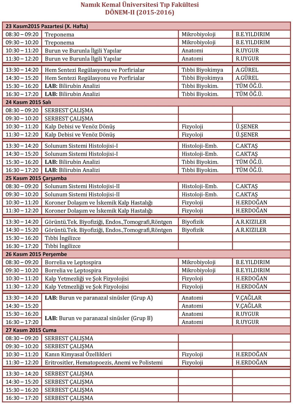 GÜREL 14:30 15:20 Hem Sentezi Regülasyonu ve Porfirialar Tıbbi Biyokimya A.GÜREL 15:30 16:20 LAB: Bilirubin Analizi Tıbbi Biyokim. TÜM ÖĞ.Ü. 16:30 17:20 LAB: Bilirubin Analizi Tıbbi Biyokim. TÜM ÖĞ.Ü. 24 Kasım 2015 Salı 10:30 11:20 Kalp Debisi ve Venöz Dönüş Fizyoloji Ü.