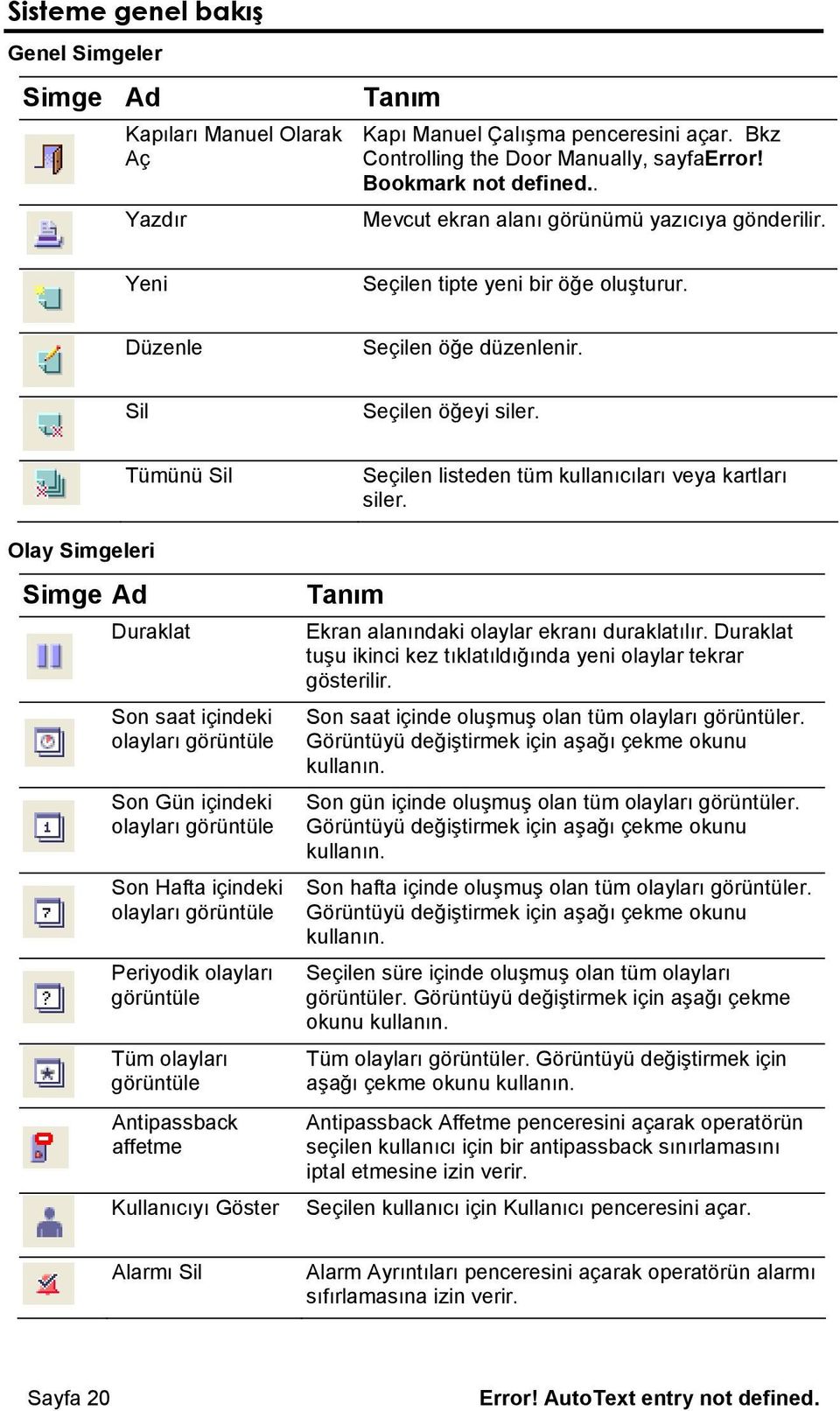 Tümünü Sil Seçilen listeden tüm kullanıcıları veya kartları siler.