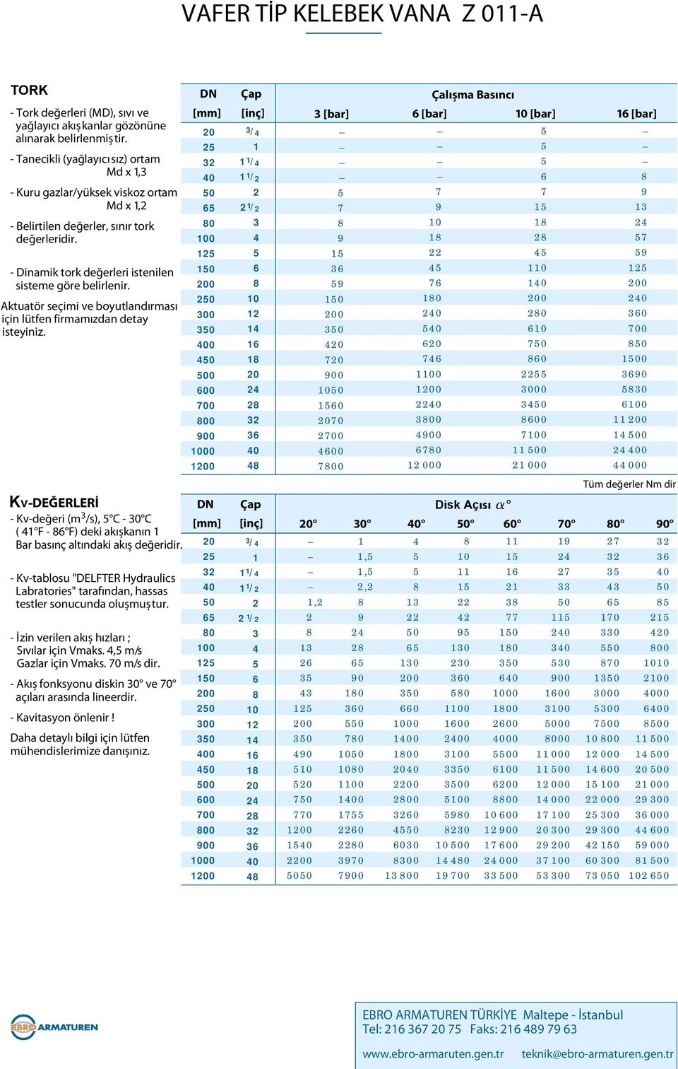 Aktuatör seçimi ve boyutlandırması için lütfen firmamızdan detay isteyiniz. v-değereri - v-değeri (m 3 /s), C - 30 C ( F - F) deki akışkanın Bar basınç altındaki akış değeridir.