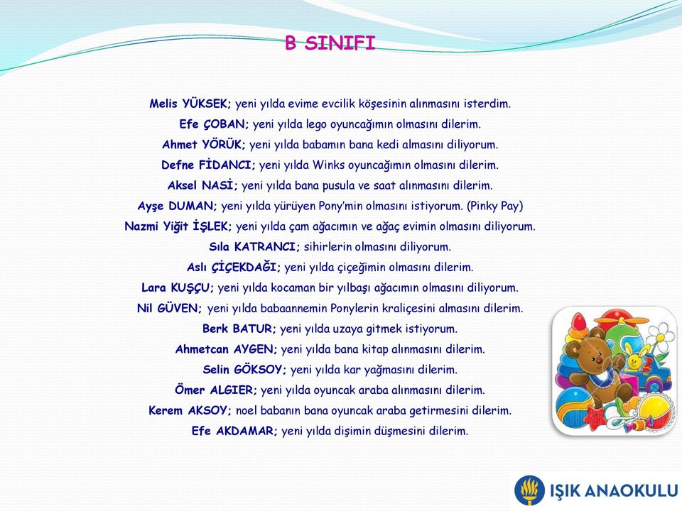 (Pinky Pay) Nazmi Yiğit İŞLEK; yeni yılda çam ağacımın ve ağaç evimin olmasını diliyorum. Sıla KATRANCI; sihirlerin olmasını diliyorum. Aslı ÇİÇEKDAĞI; yeni yılda çiçeğimin olmasını dilerim.