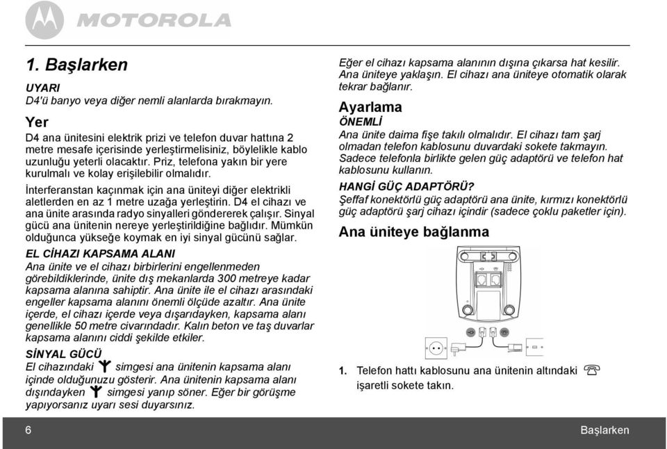 Priz, telefona yakõn bir yere kurulmalõ ve kolay erişilebilir olmalõdõr. İnterferanstan kaçõnmak için ana üniteyi diğer elektrikli aletlerden en az 1 metre uzağa yerleştirin.