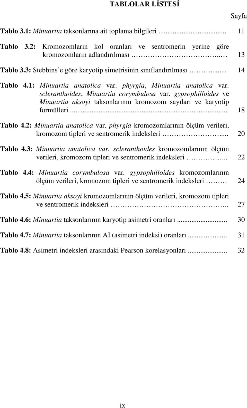 gypsophilloides ve Minuartia aksoyi taksonlarının kromozom sayıları ve karyotip formülleri... 18 Tablo 4.2: Minuartia anatolica var.