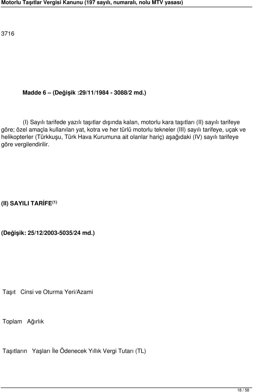 kotra ve her türlü motorlu tekneler (III) sayılı tarifeye, uçak ve helikopterler (Türkkuşu, Türk Hava Kurumuna ait olanlar hariç)