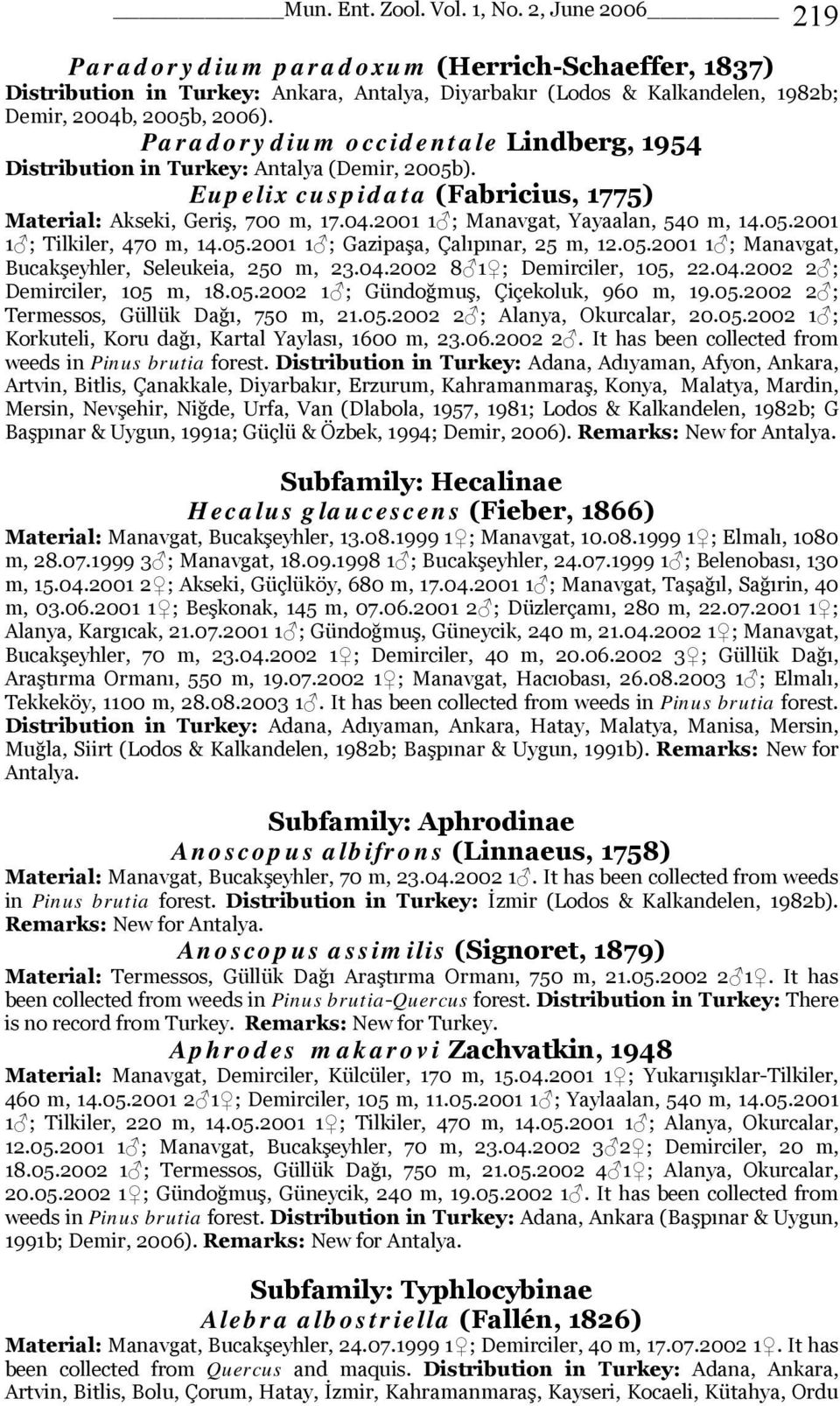 Paradorydium occidentale Lindberg, 1954 Distribution in Turkey: Antalya (Demir, 2005b). Eupelix cuspidata (Fabricius, 1775) Material: Akseki, Geriş, 700 m, 17.04.