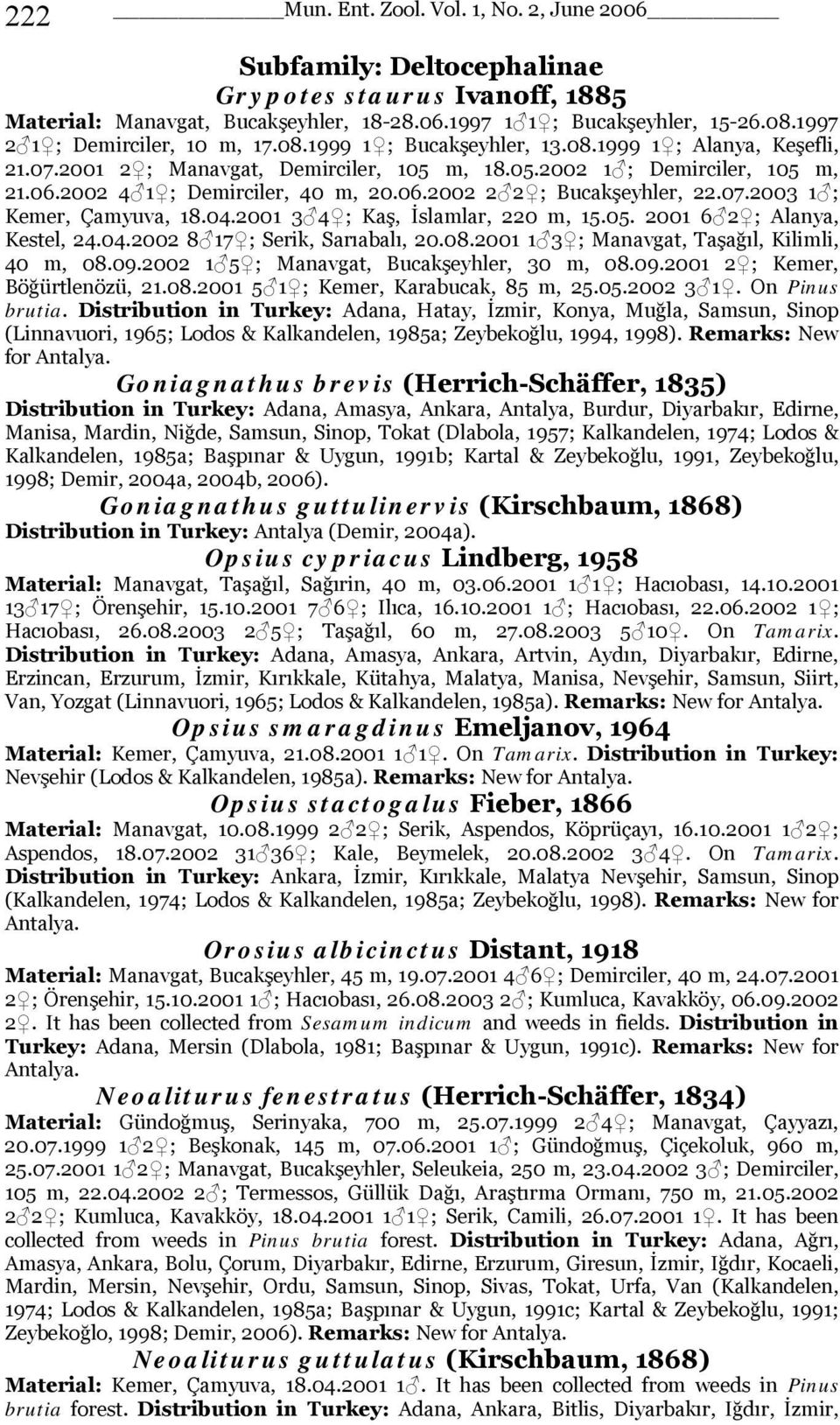 2002 4 1 ; Demirciler, 40 m, 20.06.2002 2 2 ; Bucakşeyhler, 22.07.2003 1 ; Kemer, Çamyuva, 18.04.2001 3 4 ; Kaş, İslamlar, 220 m, 15.05. 2001 6 2 ; Alanya, Kestel, 24.04.2002 8 17 ; Serik, Sarıabalı, 20.