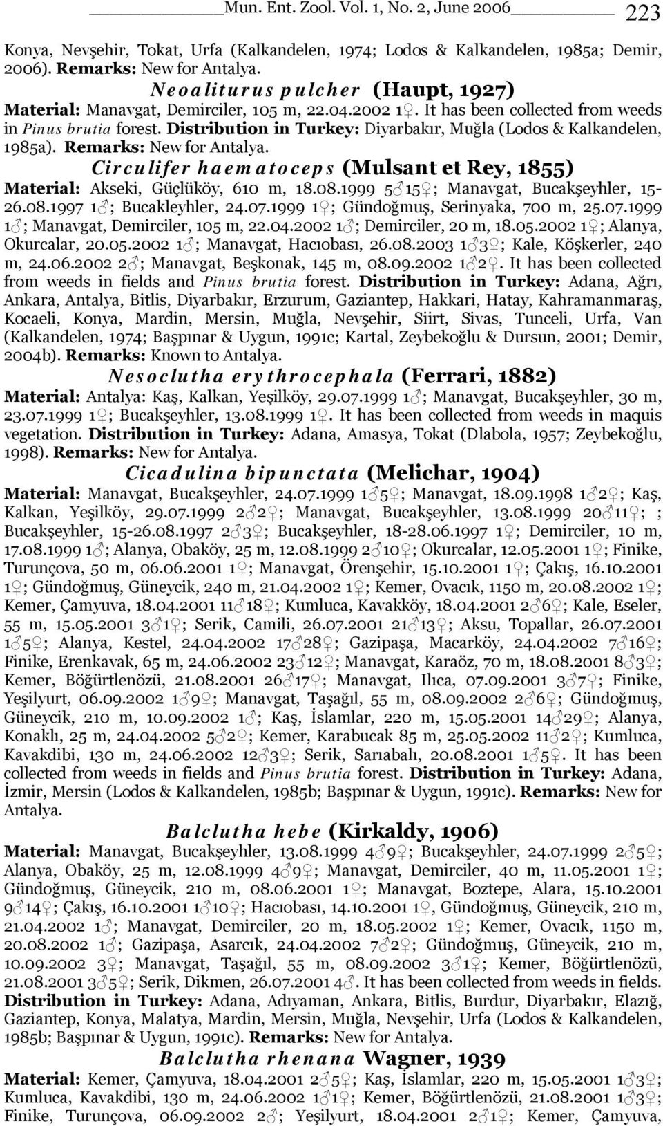 Distribution in Turkey: Diyarbakır, Muğla (Lodos & Kalkandelen, 1985a). Remarks: New for Circulifer haematoceps (Mulsant et Rey, 1855) Material: Akseki, Güçlüköy, 610 m, 18.08.