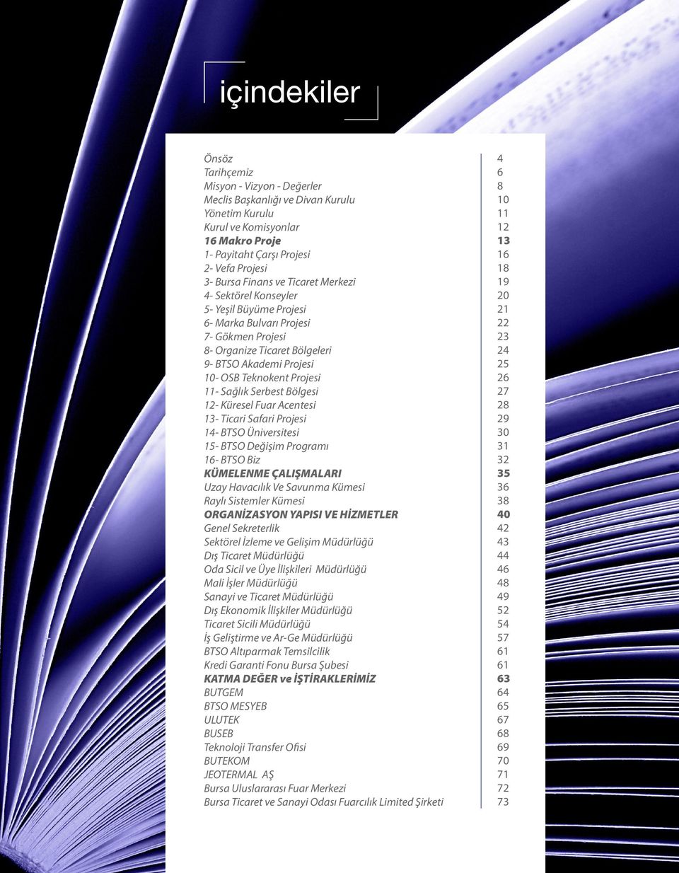 Serbest Bölgesi 12- Küresel Fuar Acentesi 13- Ticari Safari Projesi 14- BTSO Üniversitesi 15- BTSO Değişim Programı 16- BTSO Biz KÜMELENME ÇALIŞMALARI Uzay Havacılık Ve Savunma Kümesi Raylı Sistemler