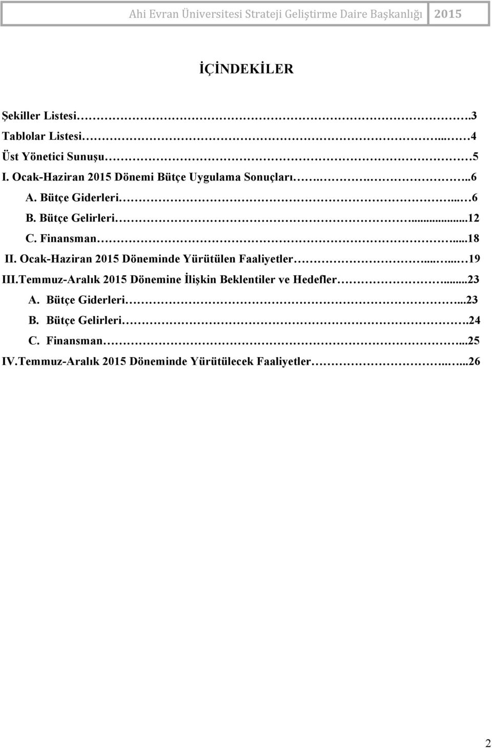 Finansman...18 II. Ocak Haziran 2015 Döneminde Yürütülen Faaliyetler...... 19 III.