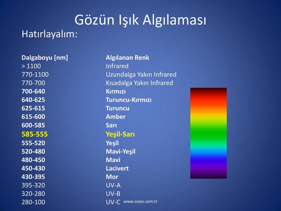 Turuncu-Kırmızı 625-615 Turuncu 615-600 Amber 600-585 Sarı 585-555 Yeşil-Sarı 555-520