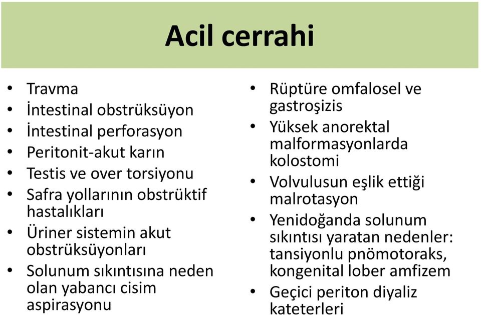 aspirasyonu Rüptüre omfalosel ve gastroşizis Yüksek anorektal malformasyonlarda kolostomi Volvulusun eşlik ettiği