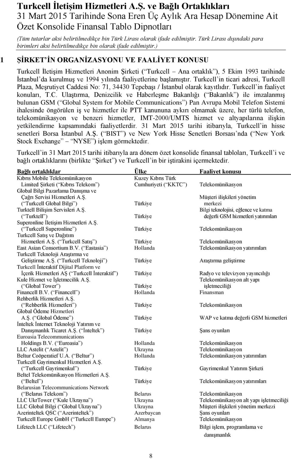 kurulmuş ve 1994 yılında faaliyetlerine başlamıştır. Turkcell in ticari adresi, Turkcell Plaza, Meşrutiyet Caddesi No: 71, 34430 Tepebaşı / İstanbul olarak kayıtlıdır.