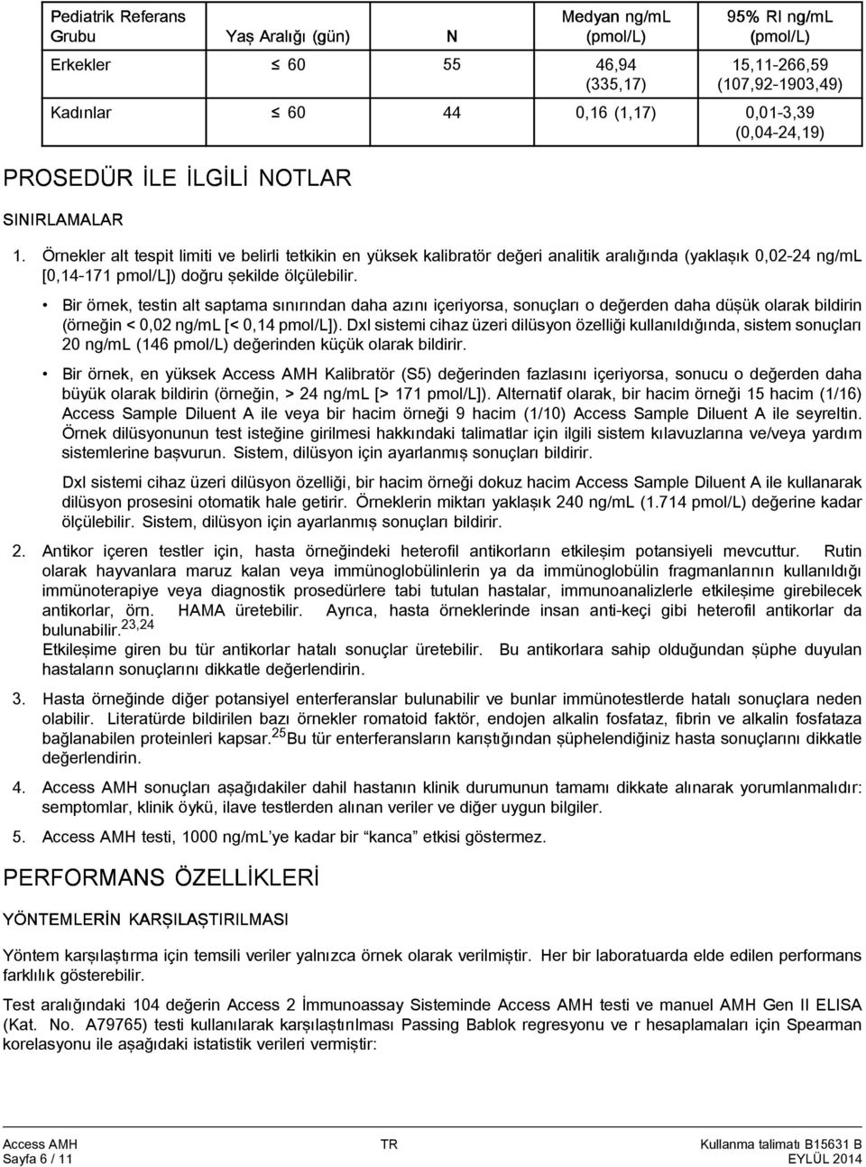 Örnekler alt tespit limiti ve belirli tetkikin en yüksek kalibratör değeri analitik aralığında (yaklaşık 0,02-24 ng/ml [0,14-171 pmol/l]) doğru şekilde ölçülebilir.