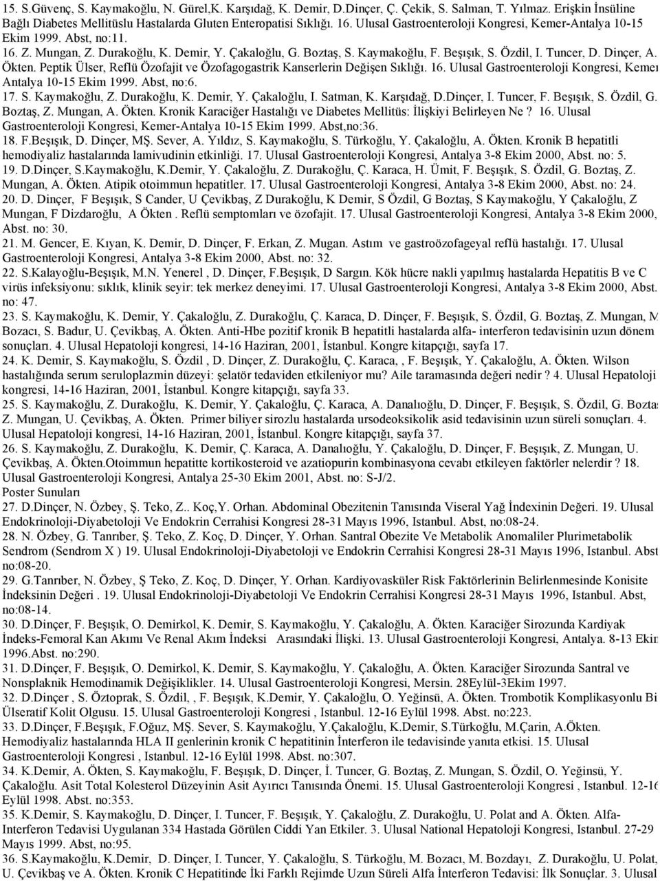 Dinçer, A. Ökten. Peptik Ülser, Reflü Özofajit ve Özofagogastrik Kanserlerin Değişen Sıklığı. 16. Ulusal Gastroenteroloji Kongresi, Kemer- Antalya 10-15 Ekim 1999. Abst, no:6. 17. S. Kaymakoğlu, Z.