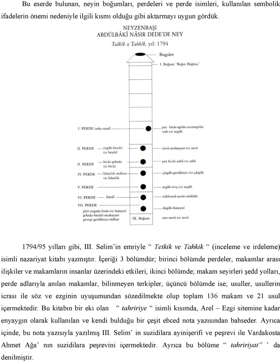 İçeriği 3 bölümdür; birinci bölümde perdeler, makamlar arası ilişkiler ve makamların insanlar üzerindeki etkileri, ikinci bölümde; makam seyirleri şedd yolları, perde adlarıyla anılan makamlar,