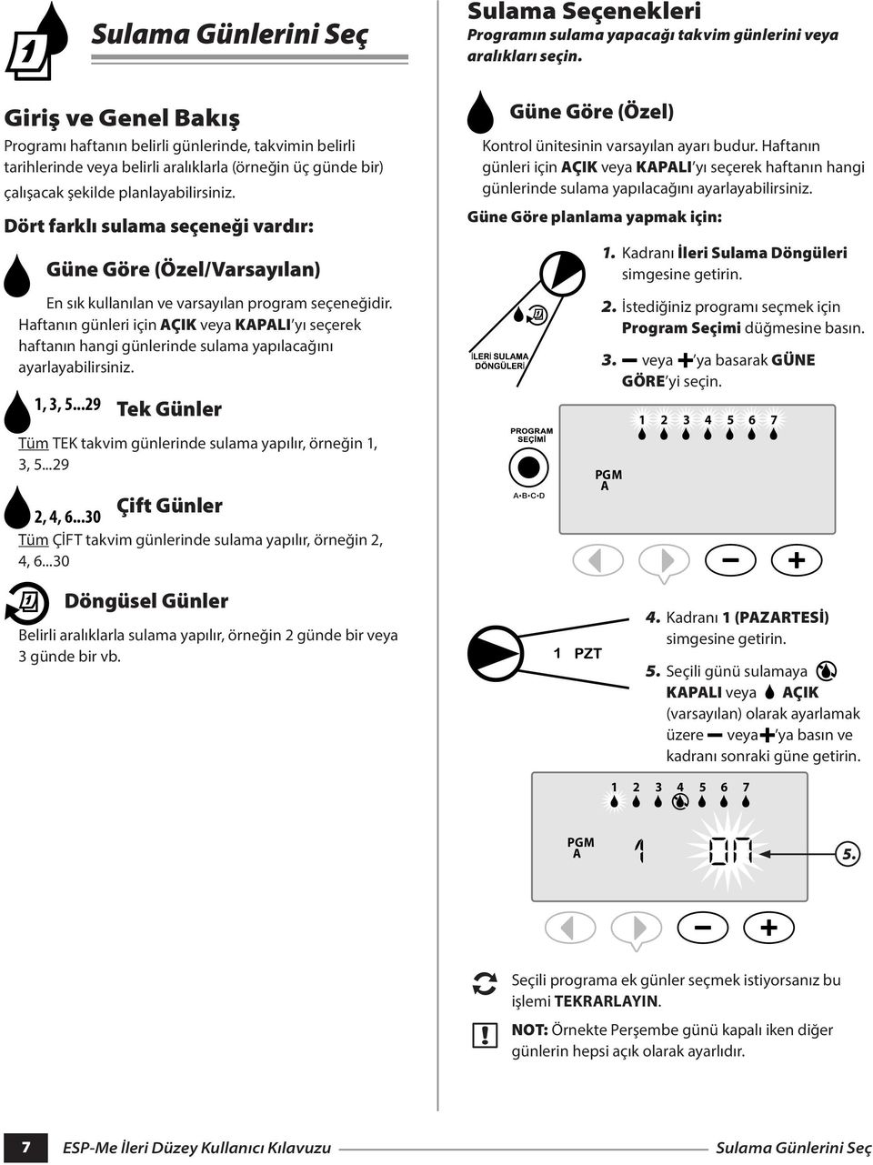 Haftanın günleri için ÇIK veya KPLI yı seçerek haftanın hangi günlerinde sulama yapılacağını ayarlayabilirsiniz. 1, 3, 5...29 Tek Günler Tüm TEK takvim günlerinde sulama yapılır, örneğin 1, 3, 5.
