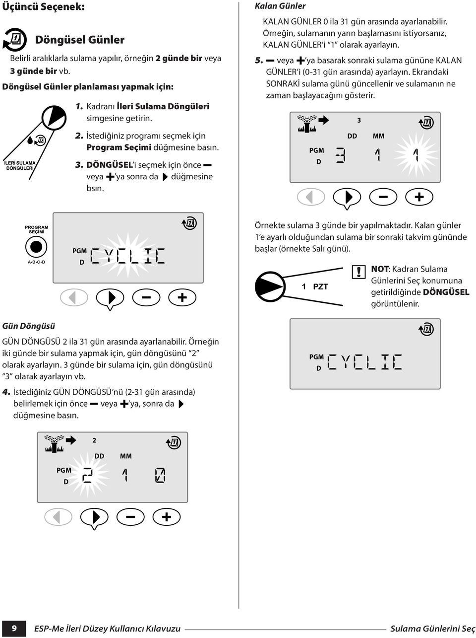 Kalan Günler KLN GÜNLER 0 ila 31 gün arasında ayarlanabilir. Örneğin, sulamanın yarın başlamasını istiyorsanız, KLN GÜNLER i 1 olarak ayarlayın. 5.