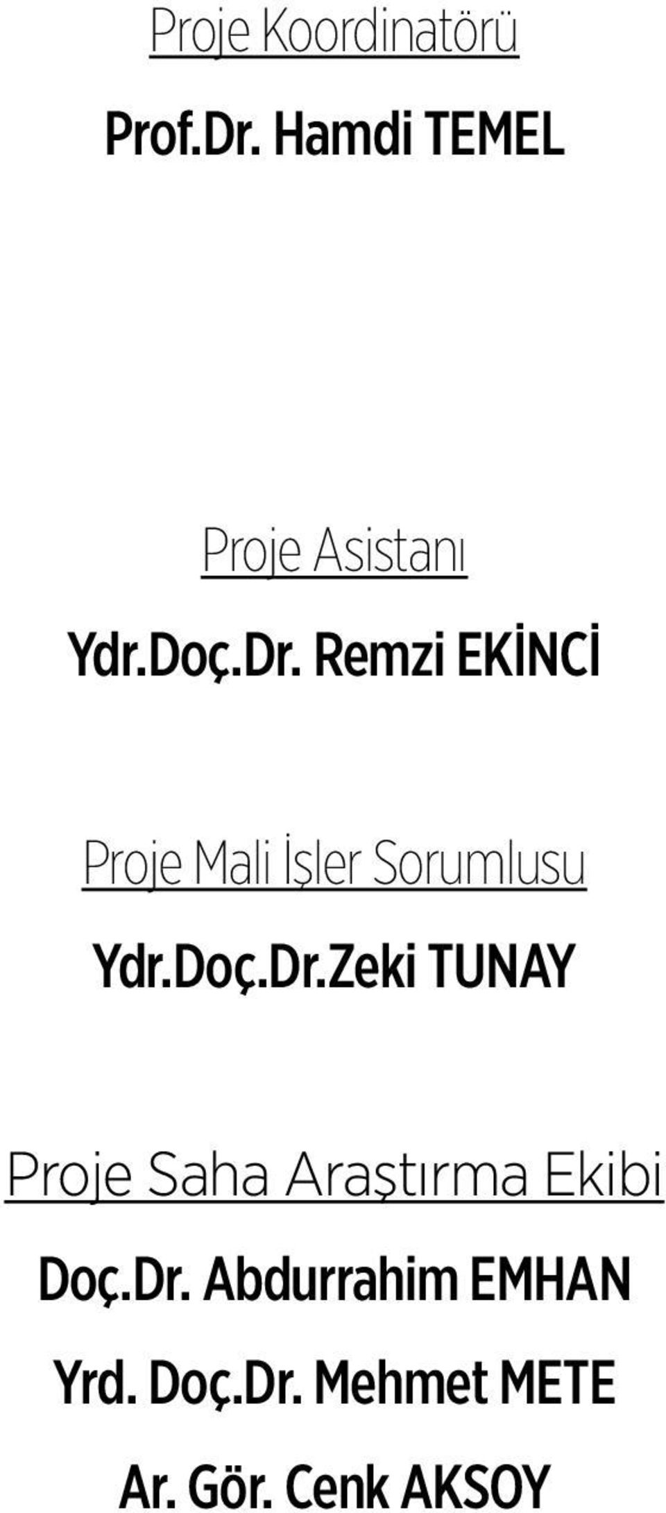 Remzi EKİNCİ Proje Mali İşler Sorumlusu Ydr.Doç.Dr.