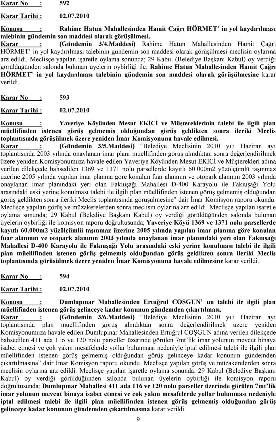 Meclisçe yapılan işaretle oylama sonunda; 29 Kabul (Belediye Başkanı Kabul) oy verdiği görüldüğünden salonda bulunan üyelerin oybirliği ile; Rahime Hatun Mahallesinden Hamit Çağrı HÖRMET in yol