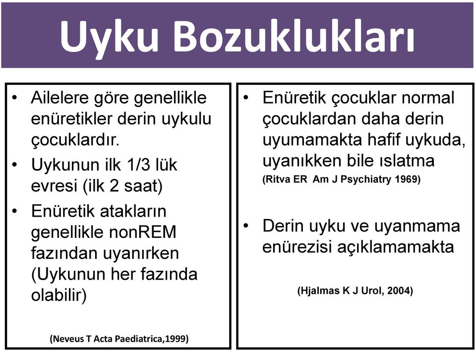 fazında olabilir) Enüretik çocuklar normal çocuklardan daha derin uyumamakta hafif uykuda, uyanıkken bile