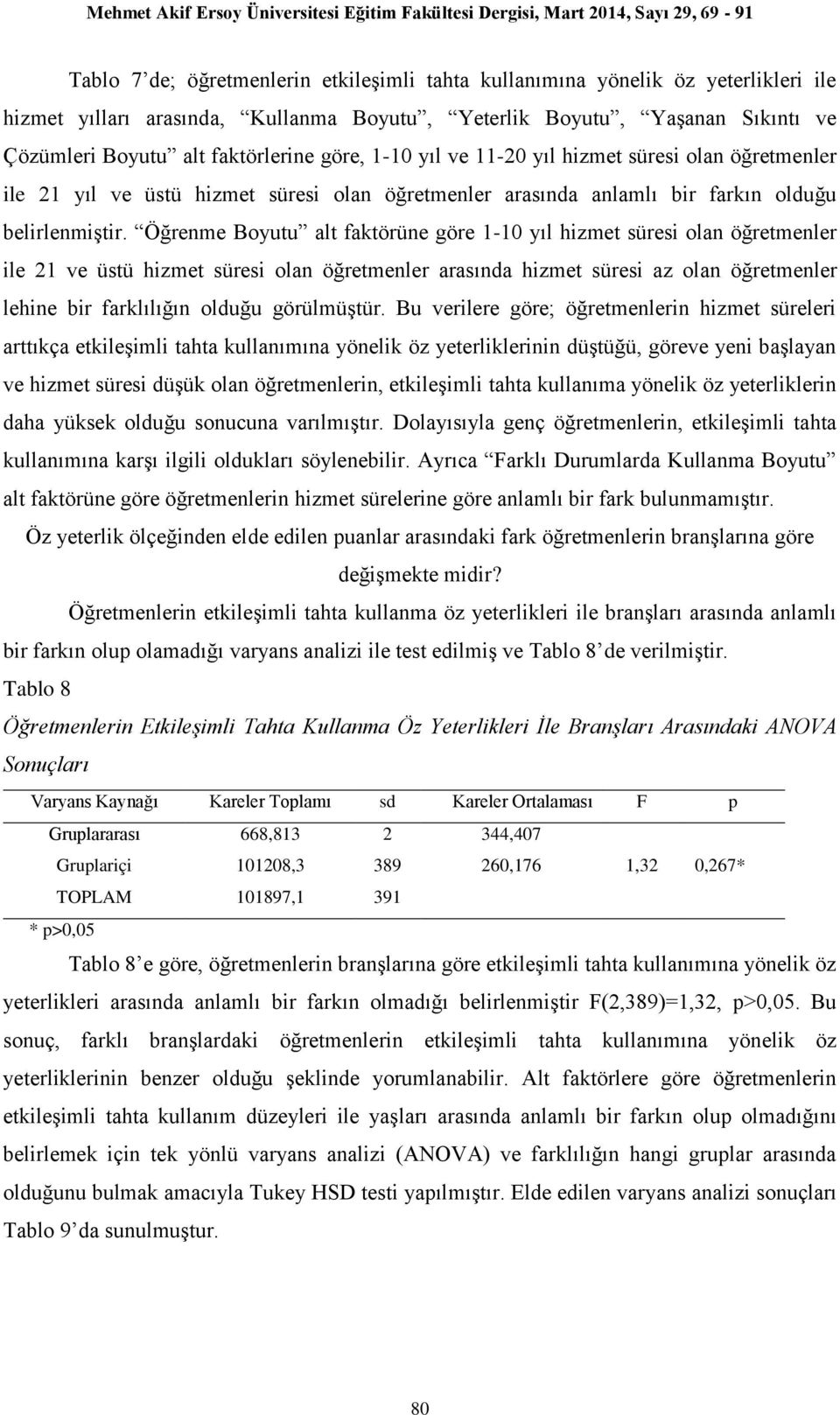 Öğrenme Boyutu alt faktörüne göre 1-10 yıl hizmet süresi olan öğretmenler ile 1 ve üstü hizmet süresi olan öğretmenler arasında hizmet süresi az olan öğretmenler lehine bir farklılığın olduğu